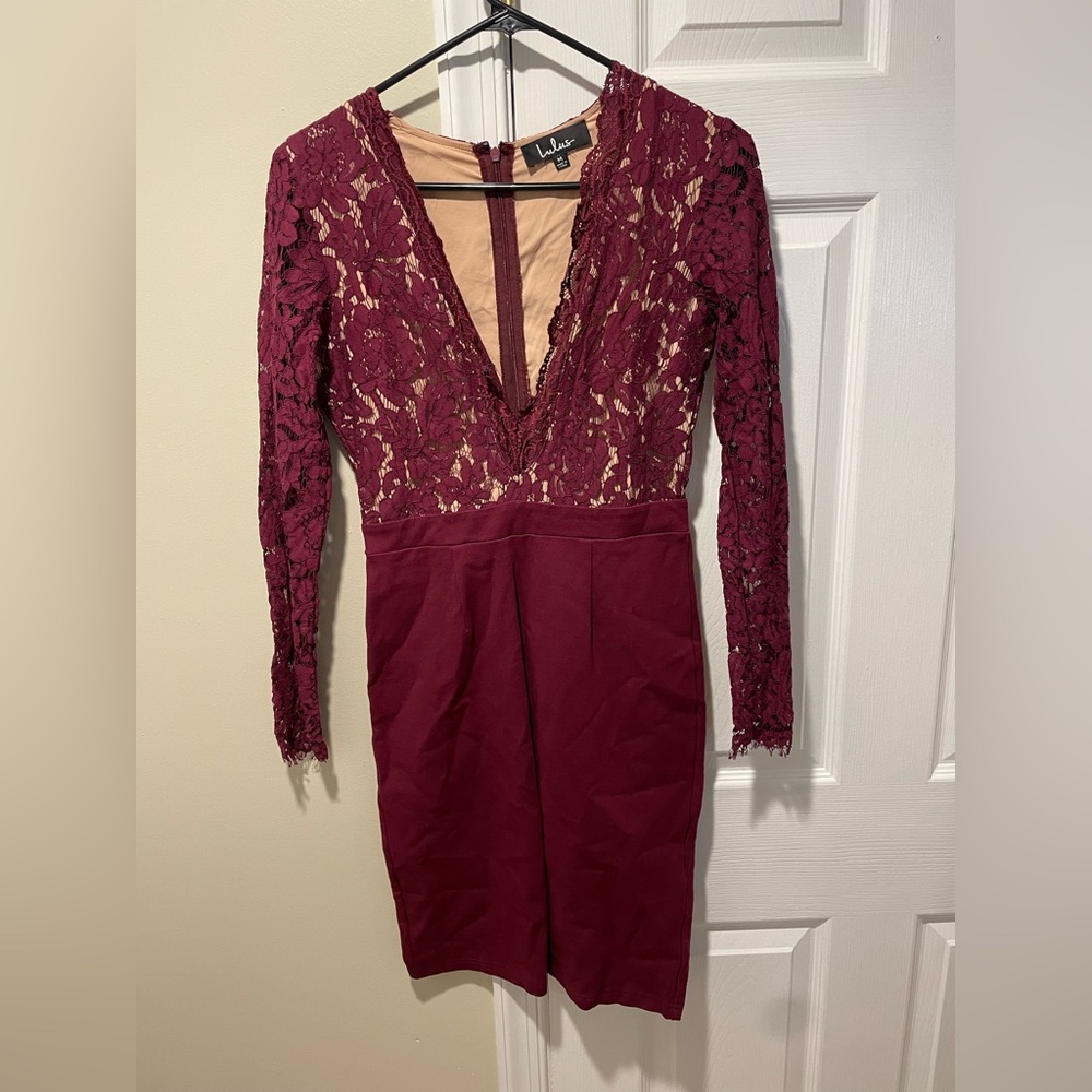 Lulu’s Maroon Lace Bodycon Midi Dress